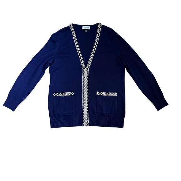 St. John Navy Blue Santana Knit Zip Cardigan Sweater L Metallic Trim  V-Neck - Picture 2 of 12